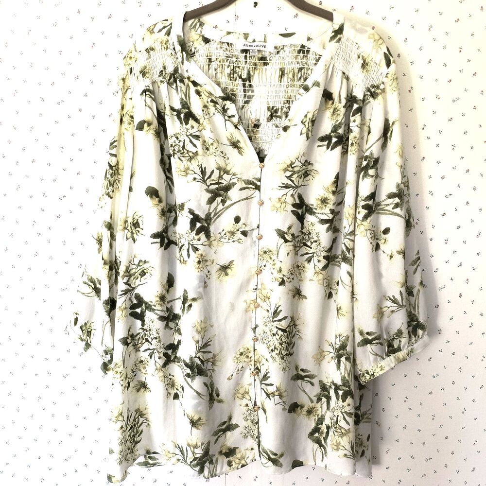Rose & Olive Top 2X Floral Blouse 3/4 Sleeve Cottagecore Smocking Buttons Office